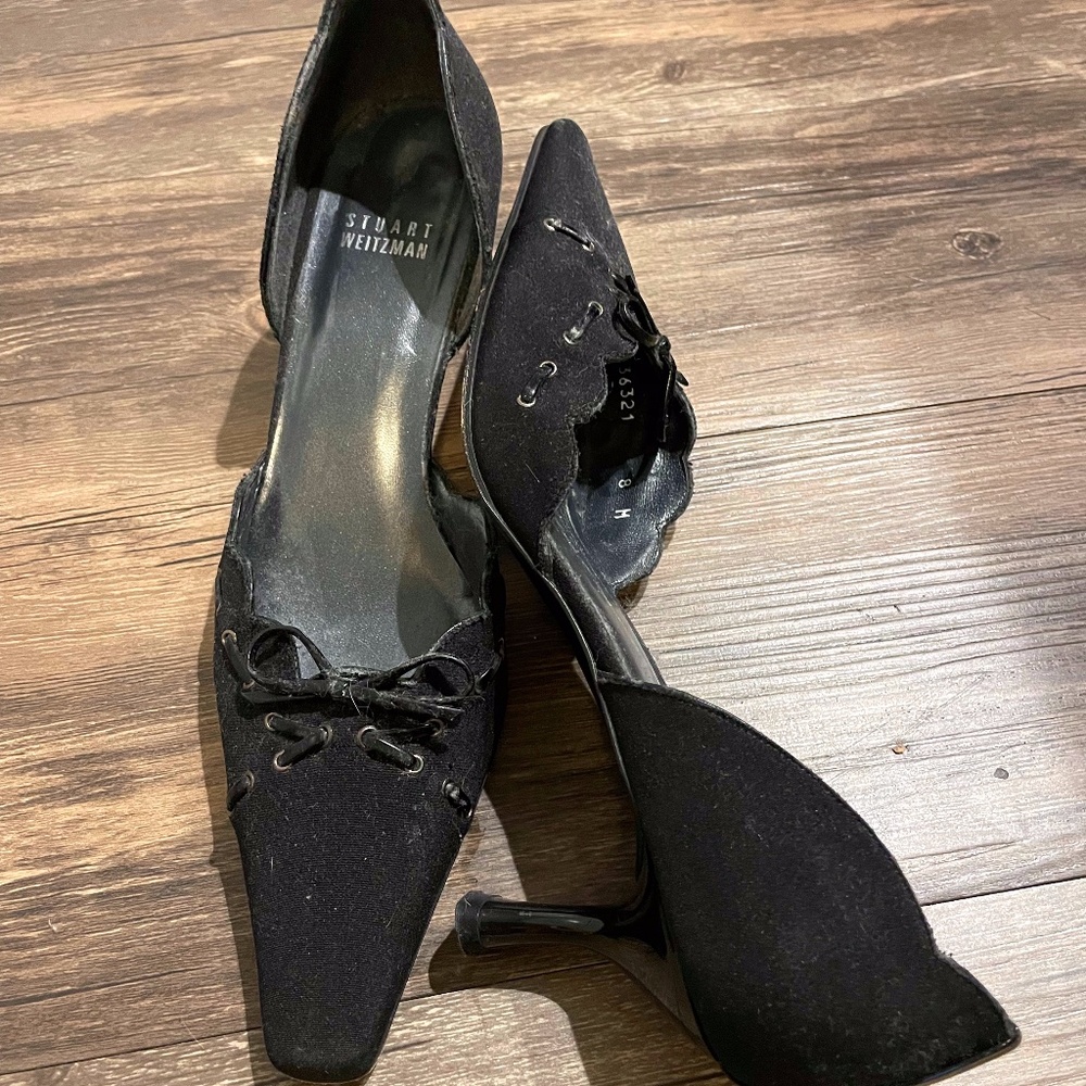 Stuart Weitzman Black Leather Pointed Mid Heel